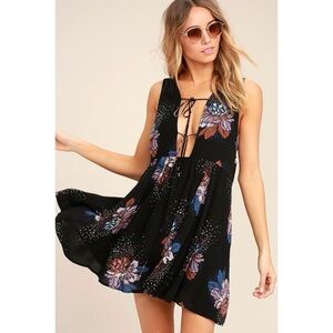 Free People Lovely Day Black Floral Print Dress Size Large